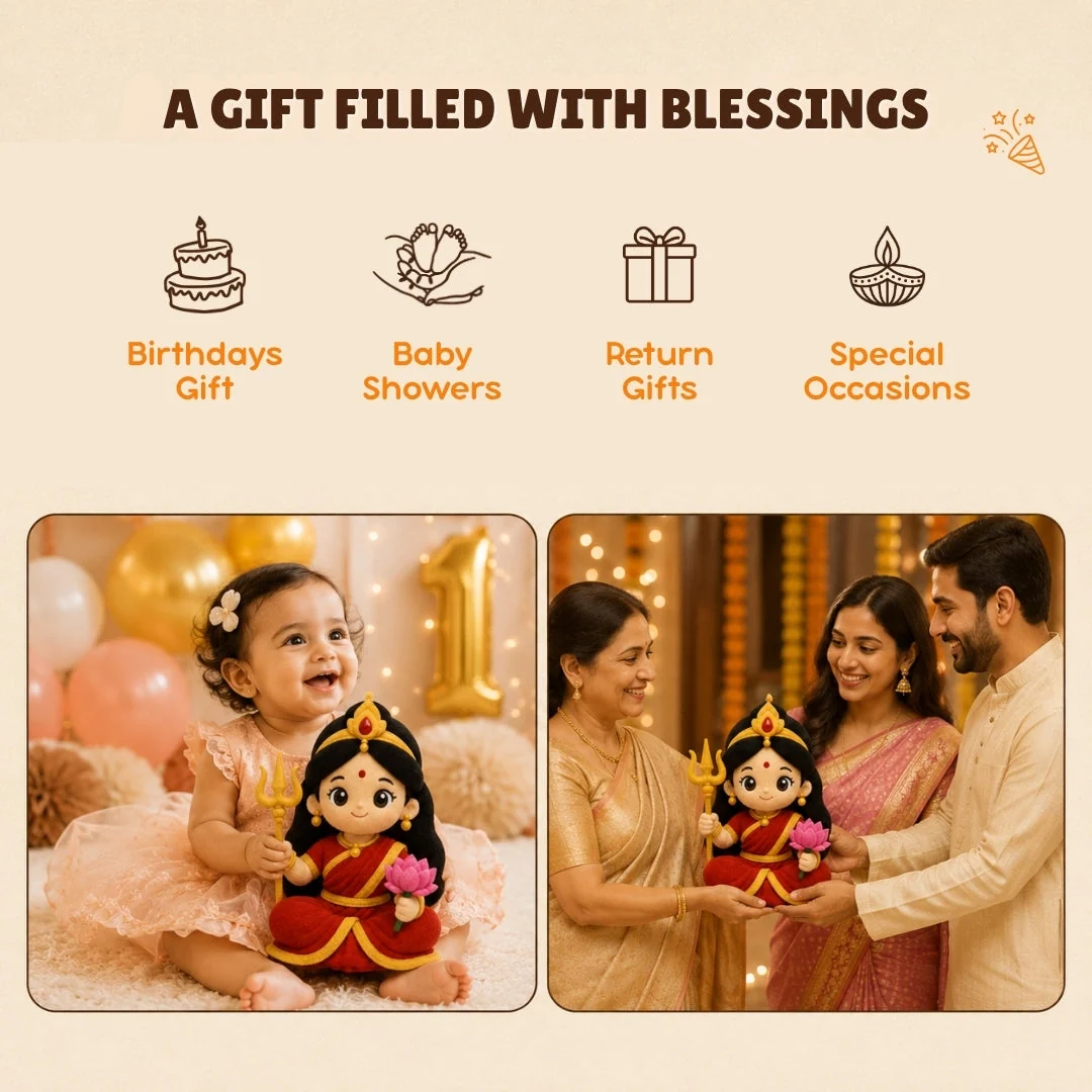 Durga Devi plush being given as a gift at a first birthday and a family celebration