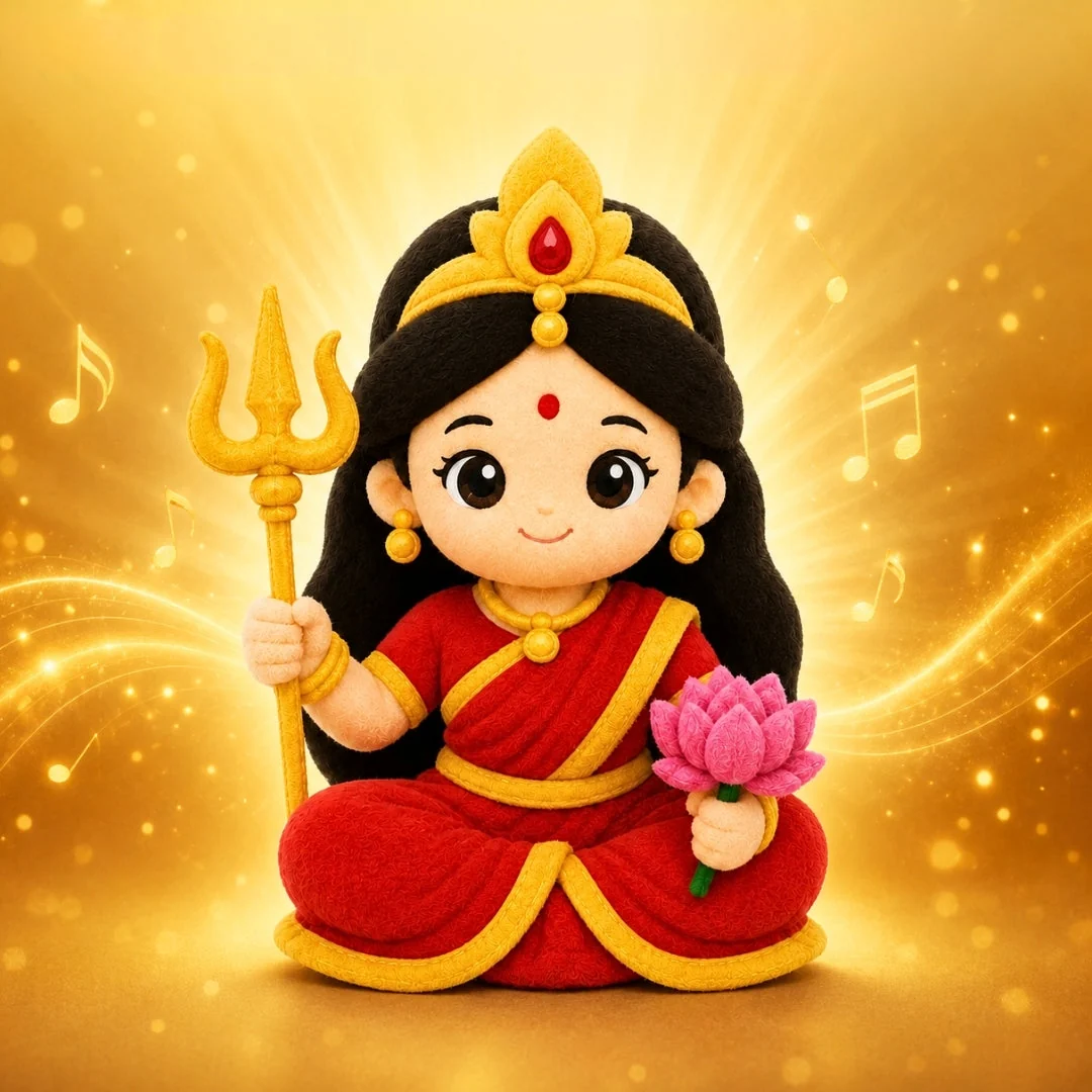 ClapCuddles Durga Devi mantra chanting plush toy in a red and gold saree, holding a trishul and a lotus