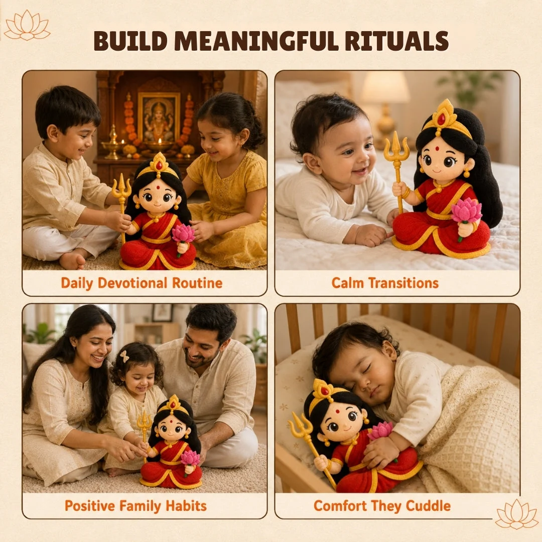 Daily devotional routine, calm transitions, family habits and bedtime comfort with the Durga plush