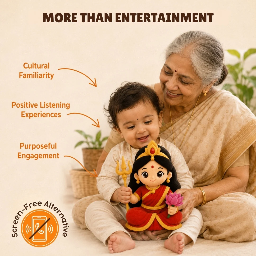 Grandmother and toddler sitting together with the Durga Devi plush instead of a phone
